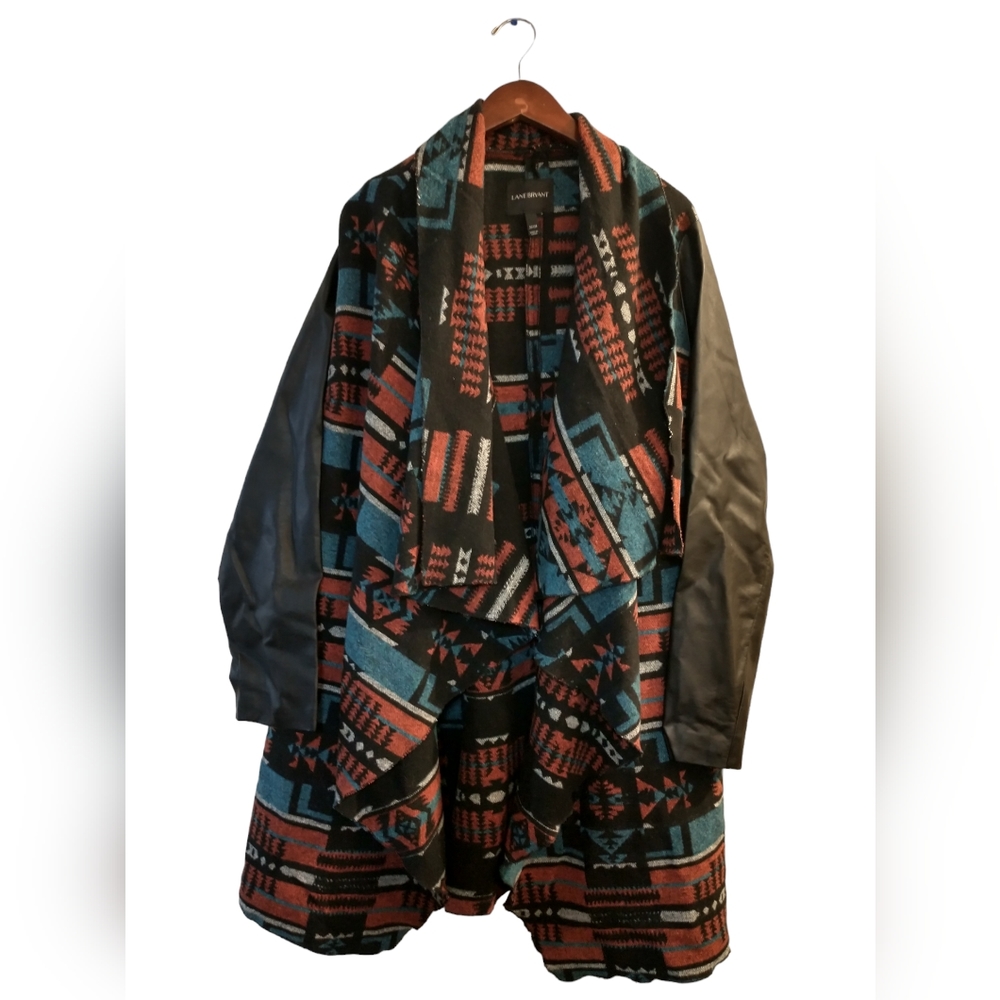 Lane Bryant Southwestern Aztec Blanket/Jacket/Coat Black Vegan Leather Sleeves
